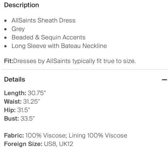 AllSaints 🖤 Sequined Low Back Long Sleeved Shift Dress SIZE US 8, UK 12 - Picture 5 of 5